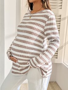 SHEIN بلوزة رياضية مخططة بياقة دائرية وأكمام طويلة كاجوال متعددة الاستخدامات للحوامل في فصل الشتاء - وردي - مشاهدة 6