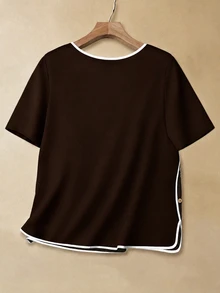 EMERY ROSE Plus Size Summer Casual Simple Traditional Colorblock Trim Shirt Brunch Dates Bussines Office Teacher Chocolate Brown - Brown - View 2