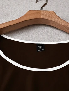 EMERY ROSE Plus Size Summer Casual Simple Traditional Colorblock Trim Shirt Brunch Dates Bussines Office Teacher Chocolate Brown - Brown - View 5