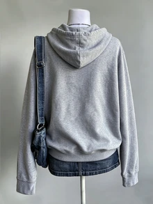 Lalippa Women's Applique Embroidered Hooded Drop Shoulder Long Sleeve Sweatshirt - Light Grey - View 2