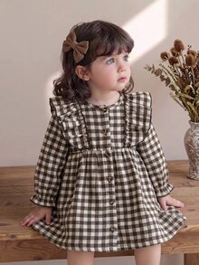 SHEIN 幼童女嬰可愛甜美優雅棕色白色格紋長袖圓領前開扣修身荷葉邊公主風舒適女童洋裝 - 棕色 - 查看 3