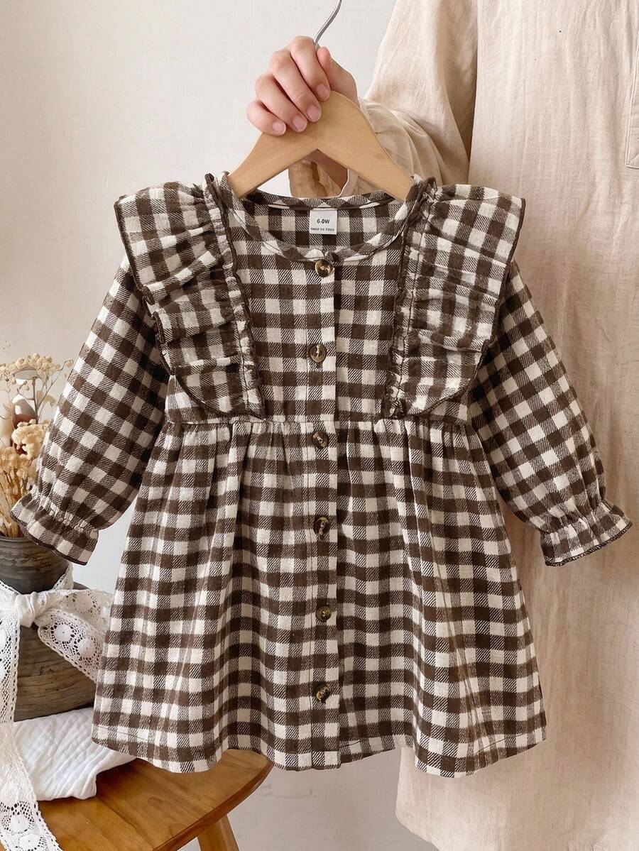 SHEIN 幼童女嬰可愛甜美優雅棕色白色格紋長袖圓領前開扣修身荷葉邊公主風舒適女童洋裝 - 棕色 - 查看 1