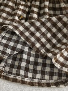 SHEIN 幼童女嬰可愛甜美優雅棕色白色格紋長袖圓領前開扣修身荷葉邊公主風舒適女童洋裝 - 棕色 - 查看 9