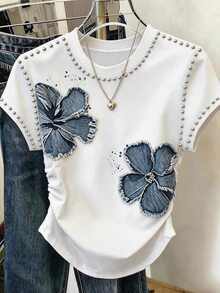 Resyla 女款外穿上衣 夏季新款 修身收腰 時尚百搭 學生風 白色 仿工藝克ريب 布紋花卉印花 T恤 - 彩色 - 查看 3