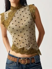Bohemela Casual Knit Contrast Lace Women's Tank Top - Green - View 1