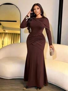 Brilight Sxy Side Cross Ruched Waist Slim Flowy Formal Mature Elegant Gown For Wedding Guest Dinner Cocktail Dinner Party Dinner Party Dark Brown Autumn - Coffee Brown - View 1
