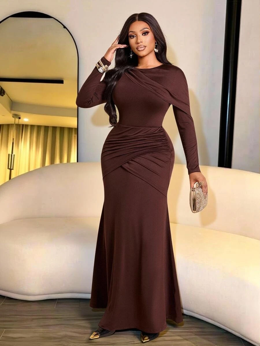 Brilight Sxy Side Cross Ruched Waist Slim Flowy Formal Mature Elegant Gown For Wedding Guest Dinner Cocktail Dinner Party Dinner Party Dark Brown Autumn - Coffee Brown - View 1