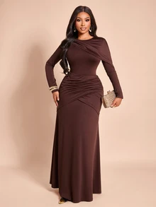 Brilight Sxy Side Cross Ruched Waist Slim Flowy Formal Mature Elegant Gown For Wedding Guest Dinner Cocktail Dinner Party Dinner Party Dark Brown Autumn - Coffee Brown - View 7