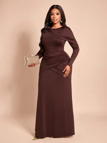 Brilight Sxy Side Cross Ruched Waist Slim Flowy Formal Mature Elegant Gown For Wedding Guest Dinner Cocktail Dinner Party Dinner Party Dark Brown Autumn - Coffee Brown - View 6