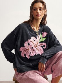 Bohemela 休閒街頭復古 70 年代純色針織長袖水洗女款衛衣，日常旅行淺灰色秋季日穿 - 黑色 - 查看 3