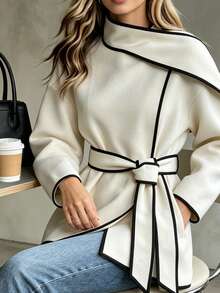 SHEIN Women's Autumn/Winter Light-Colored Wool Blend Casual Commuter Professional Black Trim Design With Ribbon Decoration Loose Fit Pocket Long Sleeve Jacket - Apricot - View 7