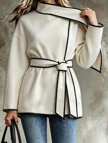 SHEIN Women's Autumn/Winter Light-Colored Wool Blend Casual Commuter Professional Black Trim Design With Ribbon Decoration Loose Fit Pocket Long Sleeve Jacket - Apricot - View 6