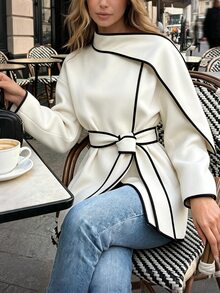 SHEIN Women's Autumn/Winter Light-Colored Wool Blend Casual Commuter Professional Black Trim Design With Ribbon Decoration Loose Fit Pocket Long Sleeve Jacket - Apricot - View 5