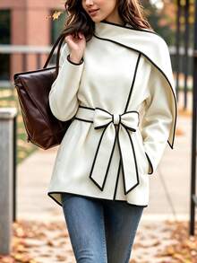 SHEIN Women's Autumn/Winter Light-Colored Wool Blend Casual Commuter Professional Black Trim Design With Ribbon Decoration Loose Fit Pocket Long Sleeve Jacket - Apricot - View 10