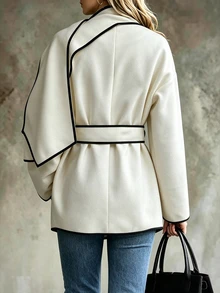 SHEIN Women's Autumn/Winter Light-Colored Wool Blend Casual Commuter Professional Black Trim Design With Ribbon Decoration Loose Fit Pocket Long Sleeve Jacket - Apricot - View 2
