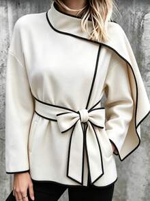 SHEIN Women's Autumn/Winter Light-Colored Wool Blend Casual Commuter Professional Black Trim Design With Ribbon Decoration Loose Fit Pocket Long Sleeve Jacket - Apricot - View 1