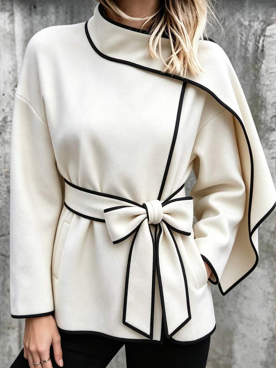 SHEIN Women's Autumn/Winter Light-Colored Wool Blend Casual Commuter Professional Black Trim Design With Ribbon Decoration Loose Fit Pocket Long Sleeve Jacket - Apricot - View 1