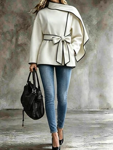 SHEIN Women's Autumn/Winter Light-Colored Wool Blend Casual Commuter Professional Black Trim Design With Ribbon Decoration Loose Fit Pocket Long Sleeve Jacket - Apricot - View 9