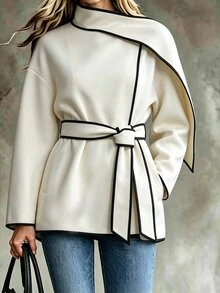 SHEIN Women's Autumn/Winter Light-Colored Wool Blend Casual Commuter Professional Black Trim Design With Ribbon Decoration Loose Fit Pocket Long Sleeve Jacket - Apricot - View 3
