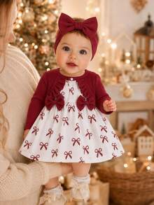 SHEIN 3pcs Baby Girls Dress Cardigan Set Sweet Red White Bow Print Ruffle Knit Long Sleeve Round Neck Regular Party Fall Christmas Autumn Princess Headband - Red - View 1