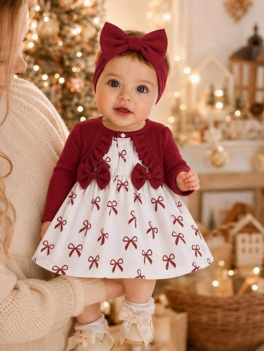 SHEIN 3pcs Baby Girls Dress Cardigan Set Sweet Red White Bow Print Ruffle Knit Long Sleeve Round Neck Regular Party Fall Christmas Autumn Princess Headband - Red - View 1