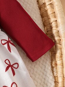 SHEIN 3pcs Baby Girls Dress Cardigan Set Sweet Red White Bow Print Ruffle Knit Long Sleeve Round Neck Regular Party Fall Christmas Autumn Princess Headband - Red - View 9