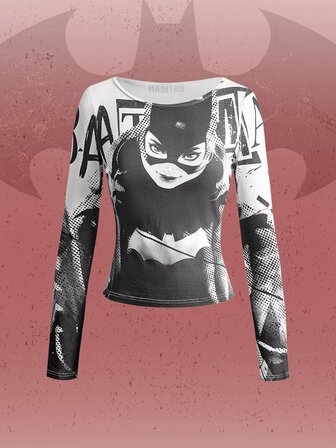 Batman X ROMWE Co-Branded Damen T-Shirt Schwarz & Weiß Comic Muster Sexy Slim Fit Streetwear