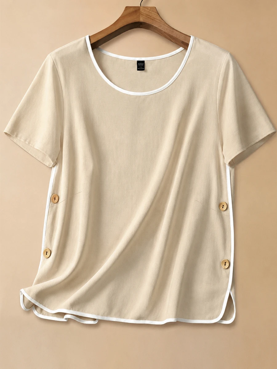 EMERY ROSE Plus Size Summer Casual Color Block Trim Shirt Club Formal Beige - Apricot - View 1