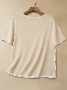 EMERY ROSE Plus Size Summer Casual Color Block Trim Shirt Club Formal Beige - Apricot - View 2