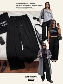 Comfortcana Plus Size All-Season Vintage Washed Drawstring Black Casual Sweatpants - Black - View 9