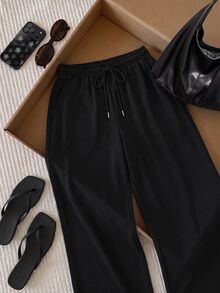 Comfortcana Plus Size All-Season Vintage Washed Drawstring Black Casual Sweatpants - Black - View 4