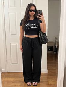 Comfortcana Plus Size All-Season Vintage Washed Drawstring Black Casual Sweatpants - Black - View 3