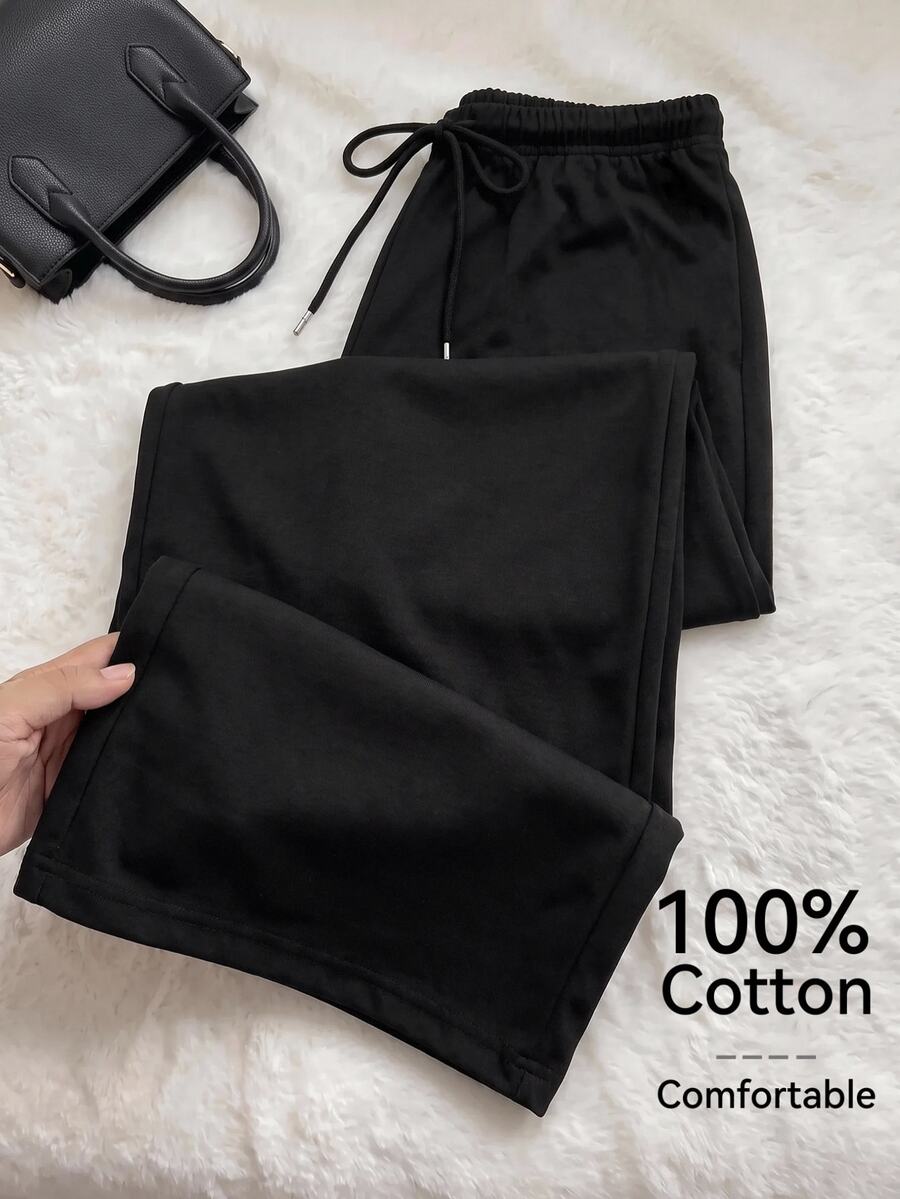 Comfortcana Plus Size All-Season Vintage Washed Drawstring Black Casual Sweatpants - Black - View 1