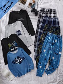 SHEIN 4 Random Sets Out Of 1 Pajama Set: Boys' Simple Gentleman Plaid Long Sleeve Solid Color Pocket Top Homewear + Iridescent Game Console + Letter Print - Multicolor - View 4