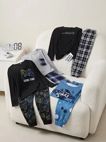 SHEIN 4 Random Sets Out Of 1 Pajama Set: Boys' Simple Gentleman Plaid Long Sleeve Solid Color Pocket Top Homewear + Iridescent Game Console + Letter Print - Multicolor - View 1