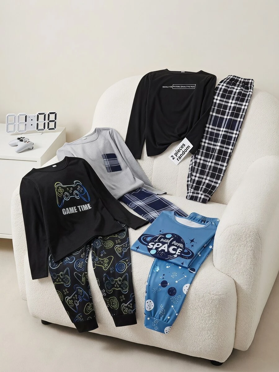 SHEIN 4 Random Sets Out Of 1 Pajama Set: Boys' Simple Gentleman Plaid Long Sleeve Solid Color Pocket Top Homewear + Iridescent Game Console + Letter Print - Multicolor - View 1