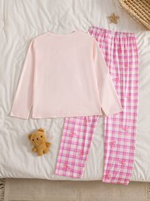 Genkimix Kids Girls' Dusty Pink Light Pastel Plaid Mint Green Cute Capybara Print Pattern Bow Long Pants Sleeve 2 Pieces Loungewear Set Fall Autumn/Winter Cozy - Pink - View 4