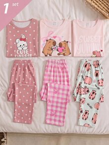 Genkimix Kids Girls' Dusty Pink Light Pastel Plaid Mint Green Cute Capybara Print Pattern Bow Long Pants Sleeve 2 Pieces Loungewear Set Fall Autumn/Winter Cozy - Pink - View 7