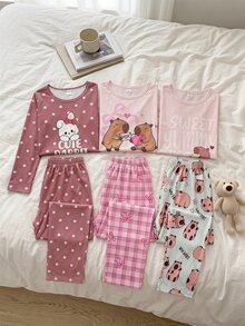 Genkimix Kids Girls' Dusty Pink Light Pastel Plaid Mint Green Cute Capybara Print Pattern Bow Long Pants Sleeve 2 Pieces Loungewear Set Fall Autumn/Winter Cozy - Pink - View 2