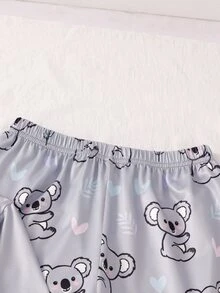 SHEIN Tween女孩可愛灰色無尾熊印花圓領長袖上衣與滿版長褲休閒懶人居家服2件套，柔軟舒適室內穿著，適合秋冬 - 灰色 - 查看 8