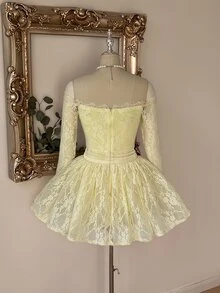 Lovelzi Elegant Romantic Yellow Lace Corset Mini Dress Long Sleeve Sheer Mesh A-Line Ruffle Skater Bow Women Homecoming Prom Wedding Party Dress - Yellow - View 7