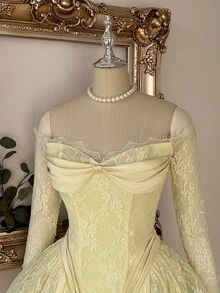 Lovelzi Elegant Romantic Yellow Lace Corset Mini Dress Long Sleeve Sheer Mesh A-Line Ruffle Skater Bow Women Homecoming Prom Wedding Party Dress - Yellow - View 6