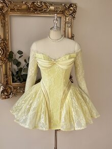 Lovelzi Elegant Romantic Yellow Lace Corset Mini Dress Long Sleeve Sheer Mesh A-Line Ruffle Skater Bow Women Homecoming Prom Wedding Party Dress - Yellow - View 8