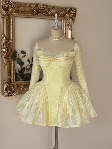 Lovelzi Elegant Romantic Yellow Lace Corset Mini Dress Long Sleeve Sheer Mesh A-Line Ruffle Skater Bow Women Homecoming Prom Wedding Party Dress - Yellow - View 4