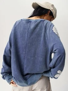Bohemela 女款時尚貼花刺繡長袖運動衫，學院風 - 藍色 - 查看 7