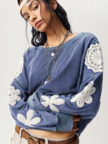 Bohemela 女款時尚貼花刺繡長袖運動衫，學院風 - 藍色 - 查看 4