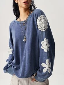 Bohemela 女款時尚貼花刺繡長袖運動衫，學院風 - 藍色 - 查看 3