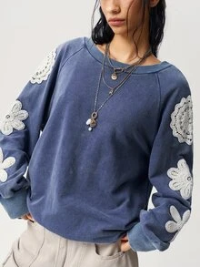 Bohemela 女款時尚貼花刺繡長袖運動衫，學院風 - 藍色 - 查看 5