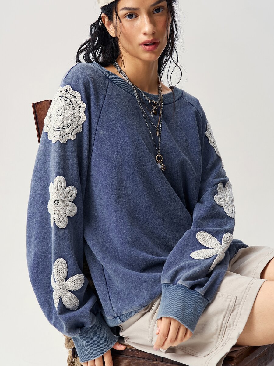 Bohemela 女款時尚貼花刺繡長袖運動衫,學院風 - 藍色 - 查看 1