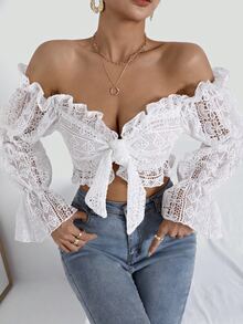 SHEIN SXY Ruffle Trim Bell Sleeve Tie Front Lace Crop Top - White - View 7